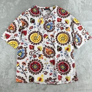 Luc Matton Top Womens Medium White Floral Linen Blend Lace Up 3/4 Sleeve Beachy